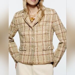ZARA FITTED CROPPED TEXTURED BLAZER Weave Tweed Size XS